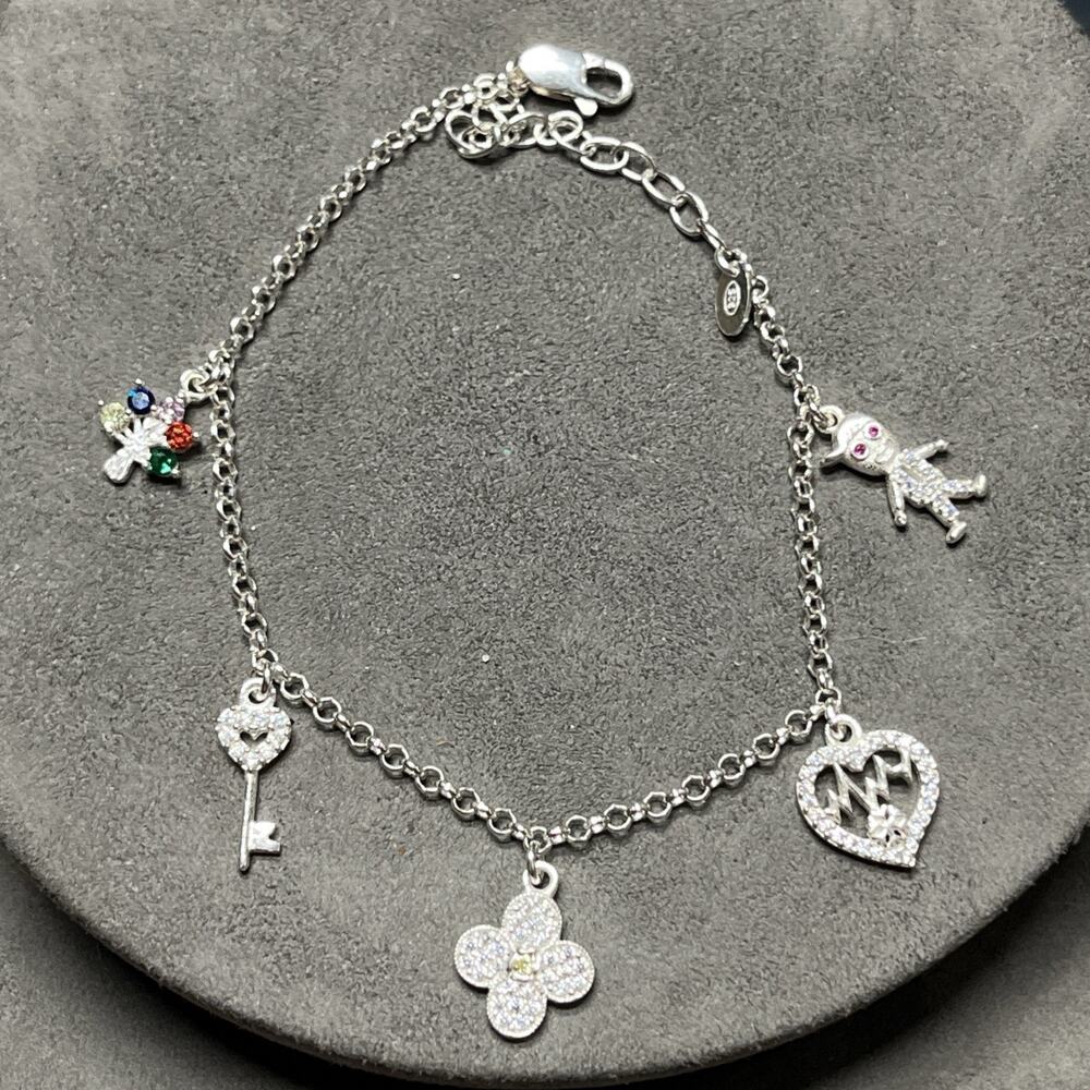 Silver Chain Charm Bracelet, Key Beating Heart Clover Boy Tree 5 Charms 925